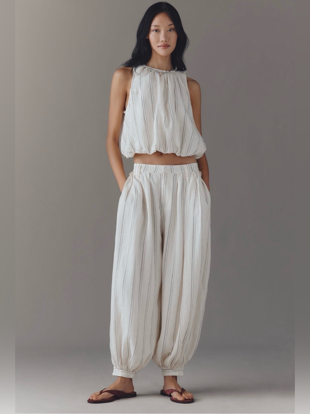 New! Anthropologie Modern Genie Linen Bubble Pants Striped Size 8
